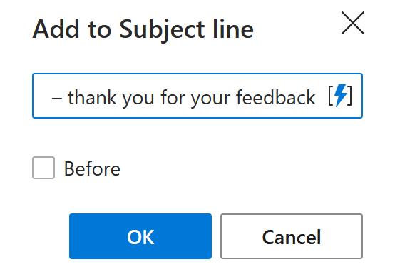 Entering text into the Add to Subject line dialog Entering text into the Add to Subject line dialog