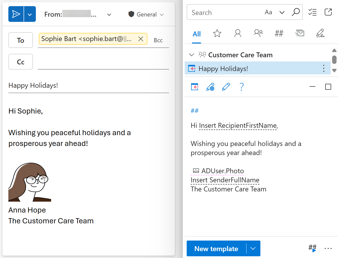 A profile picture inserted into an email with a shared template