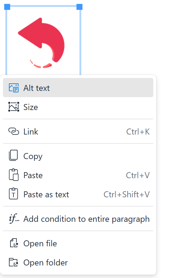 Options available after right-clicking a pasted picture Options available after right-clicking a pasted picture