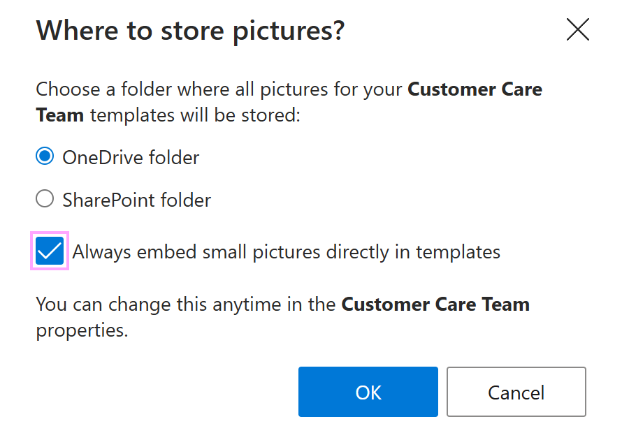 Selecting the option to always embed small pictures directly in templates