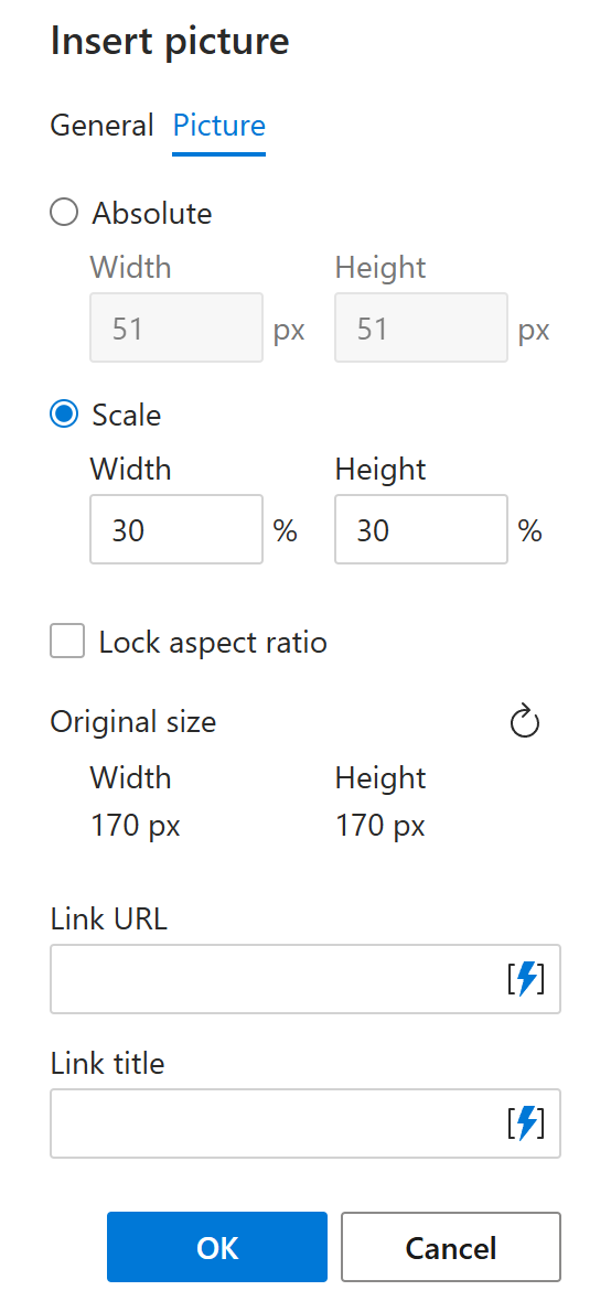 The Picture tab in the Insert picture dialog The Picture tab in the Insert picture dialog