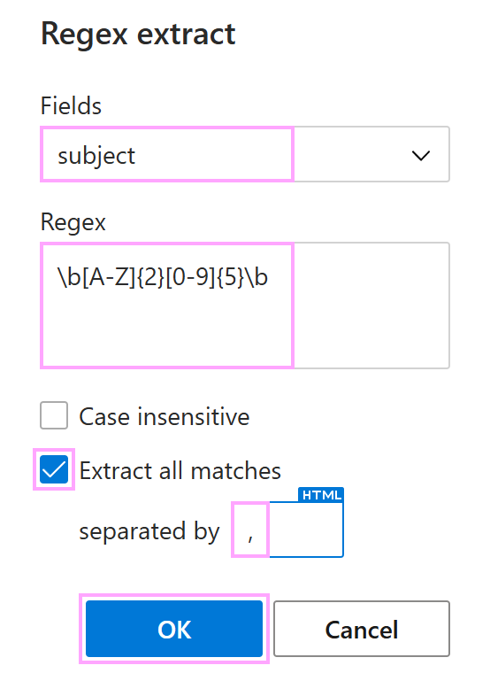 The Regex extract dialog