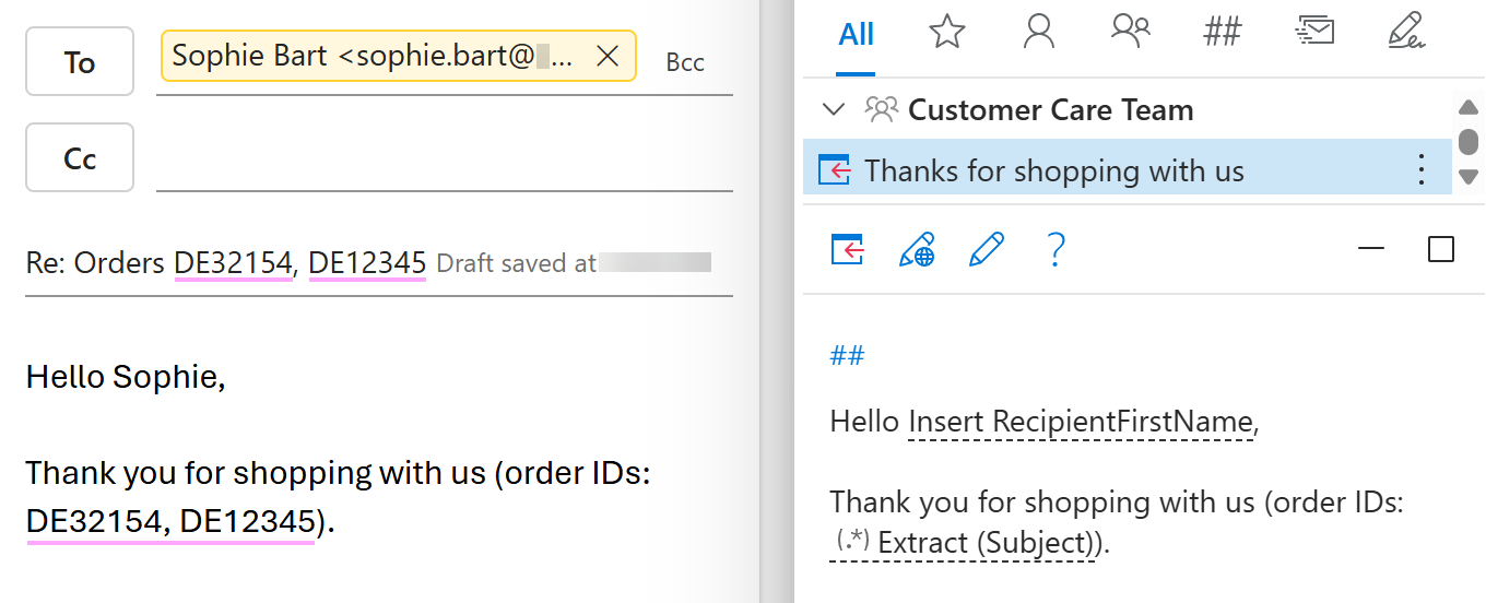 A sample template containing the RegexExtract macro in an Outlook email