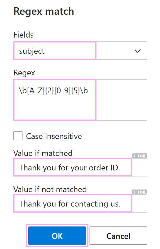 The Regex match dialog The Regex match dialog