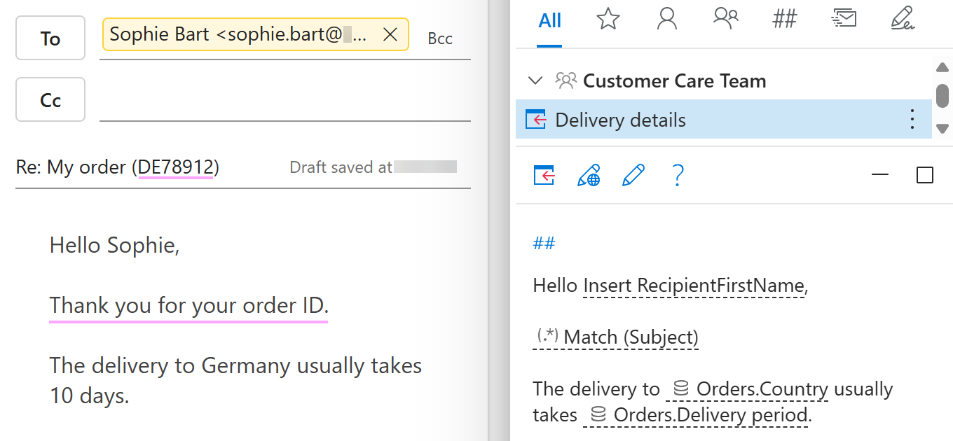 A sample template that contains the RegexMatch macro is inserted into an Outlook email A sample template that contains the RegexMatch macro is inserted into an Outlook email