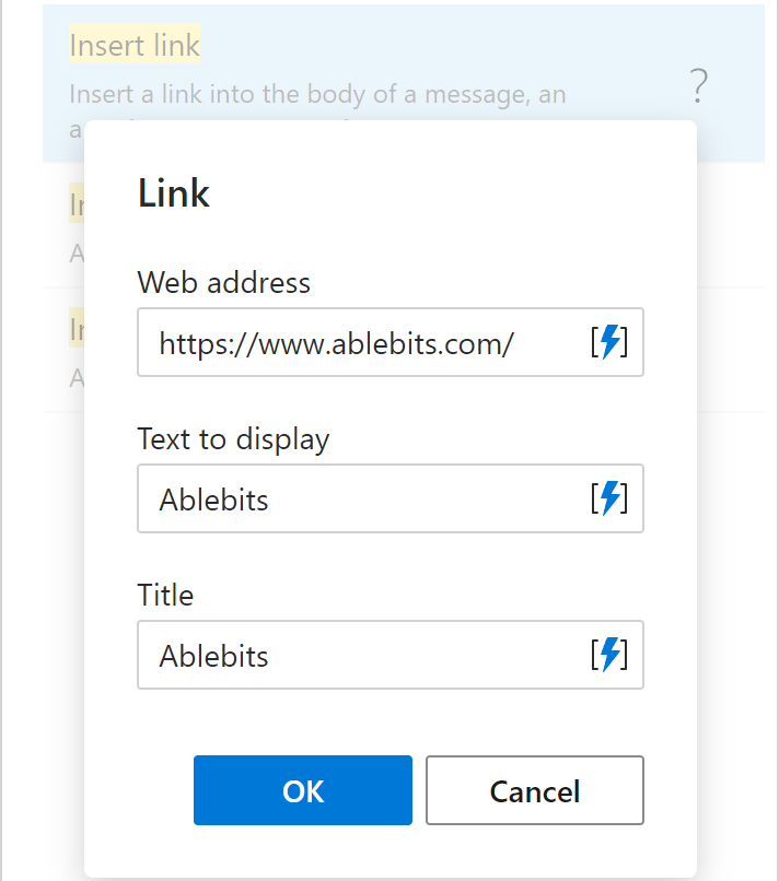 The Insert link dialog The Insert link dialog