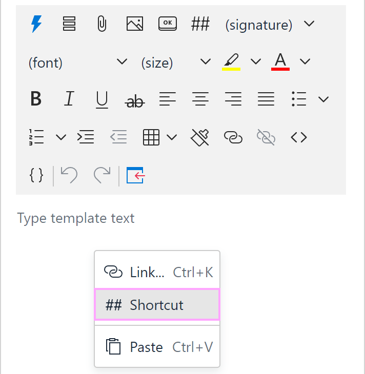 The Shortcut option on the menu The Shortcut option on the menu
