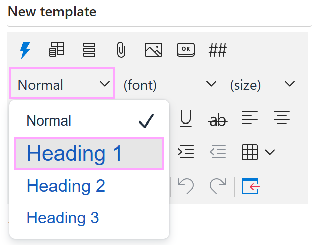 Selecting a heading style from a dropdown list in the template editor toolbar