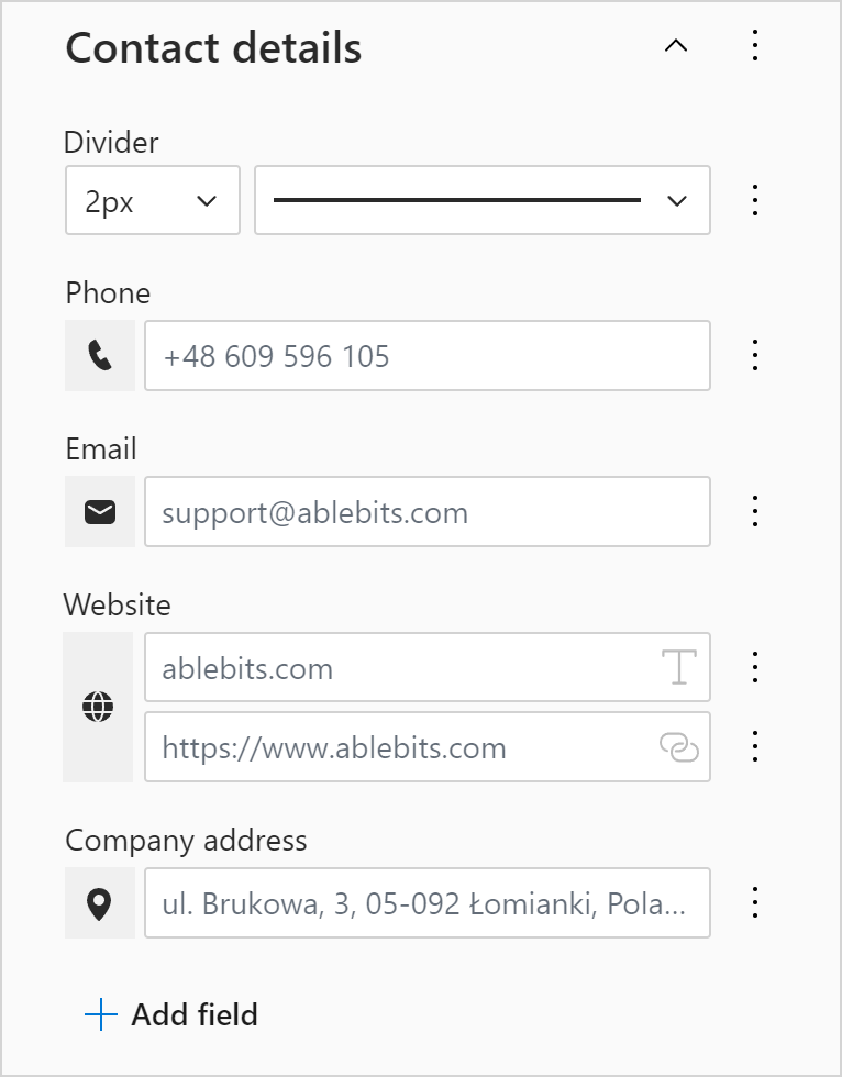 The Contact details section.