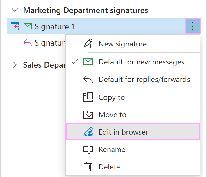 Edit a team signature in the web app.