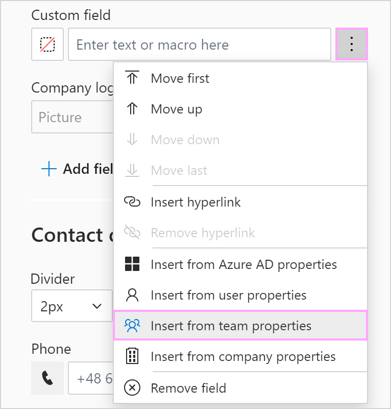Insert team details from team properties.