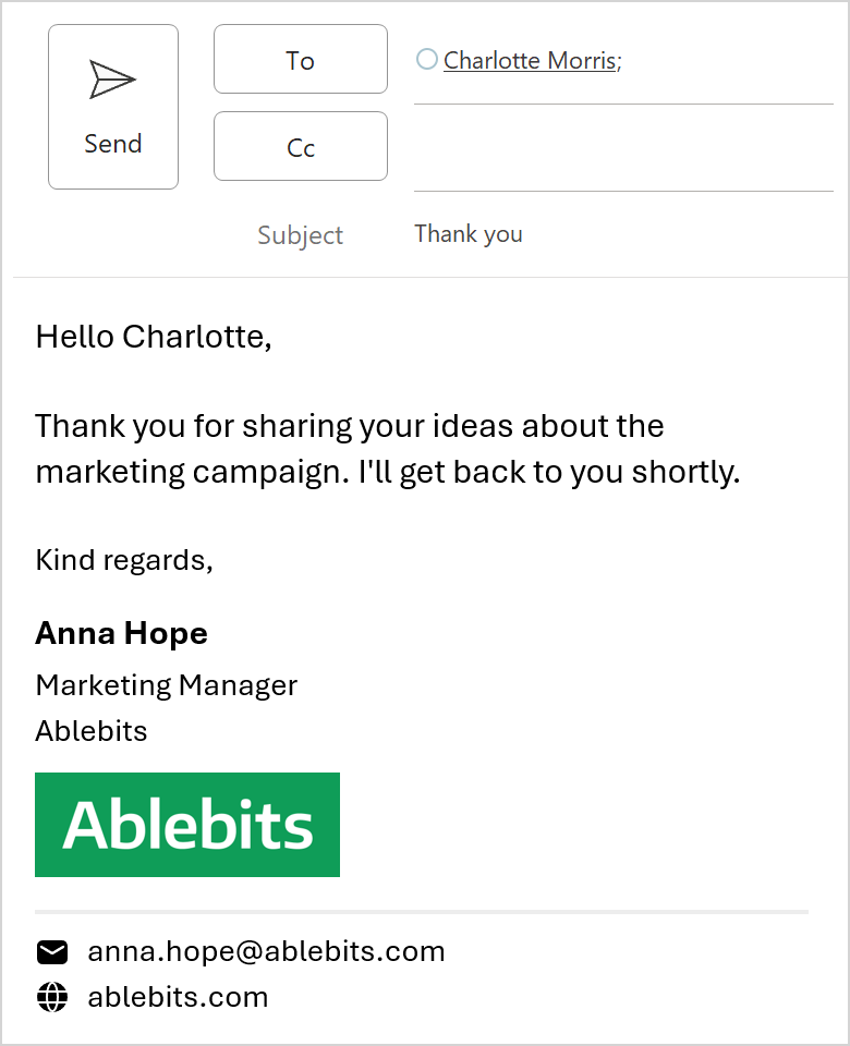 A team signature in an Outlook email with user details updated automatically.
