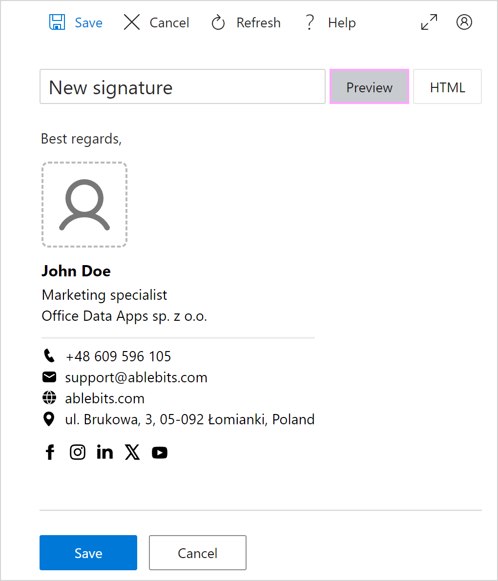 See a new email signature in the preview.