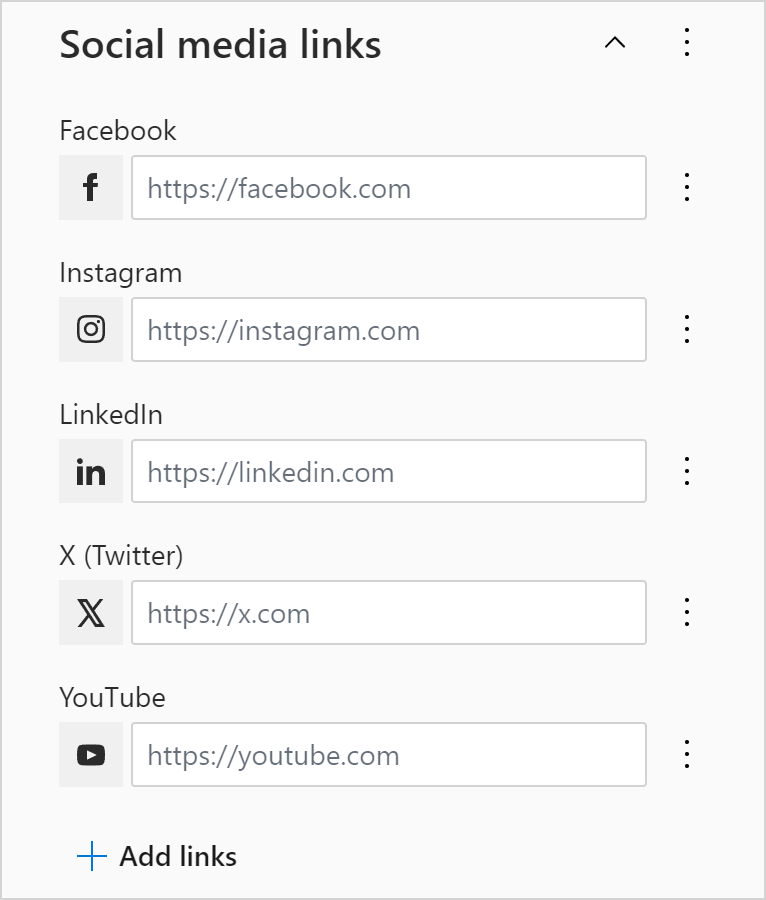 The Social media links section.