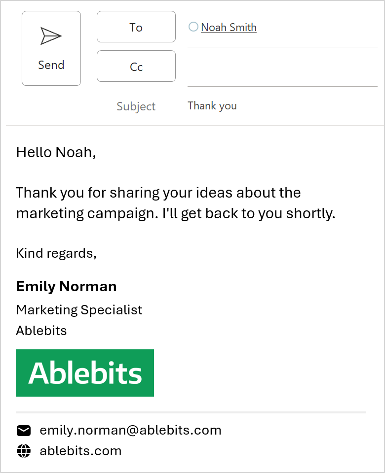 A team signature in an Outlook email with user details updated automatically.
