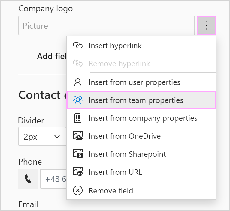 Use the Insert from team properties option.