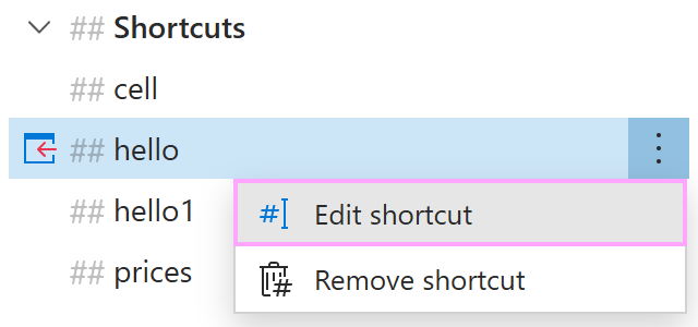 The Edit shortcut option