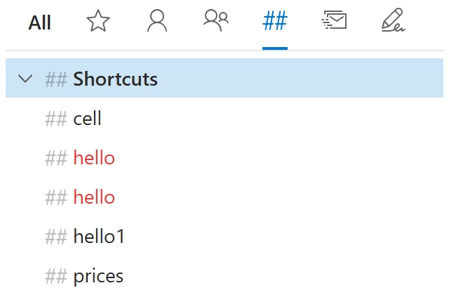 Template shortcuts with the same name shown in red