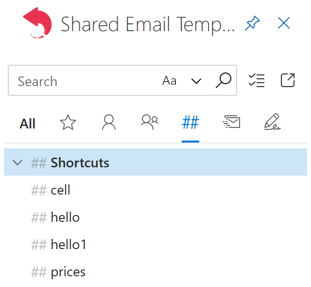 The Shortcuts tab on the add-in pane