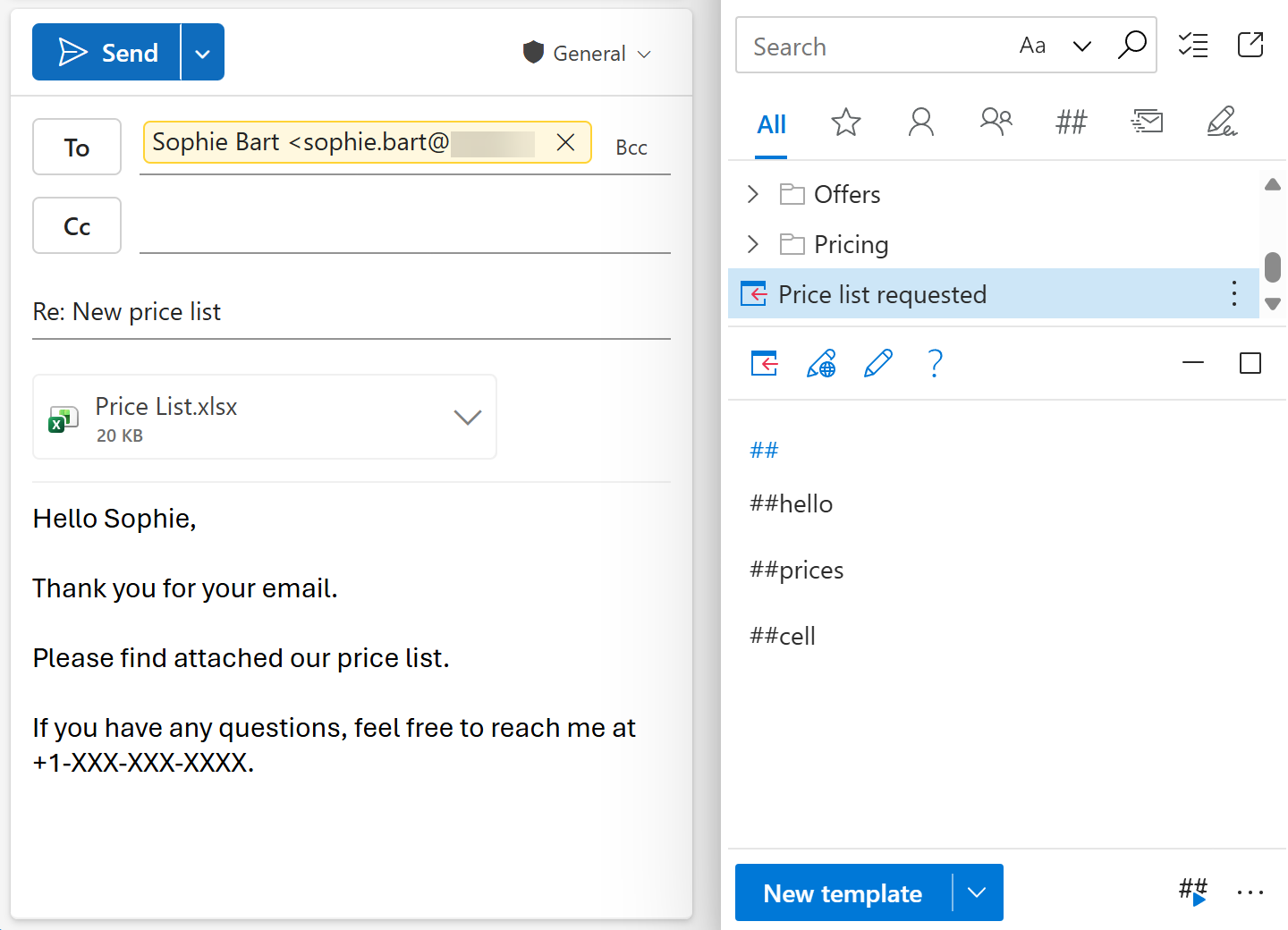 A template containing template shortcuts is inserted into an email message.