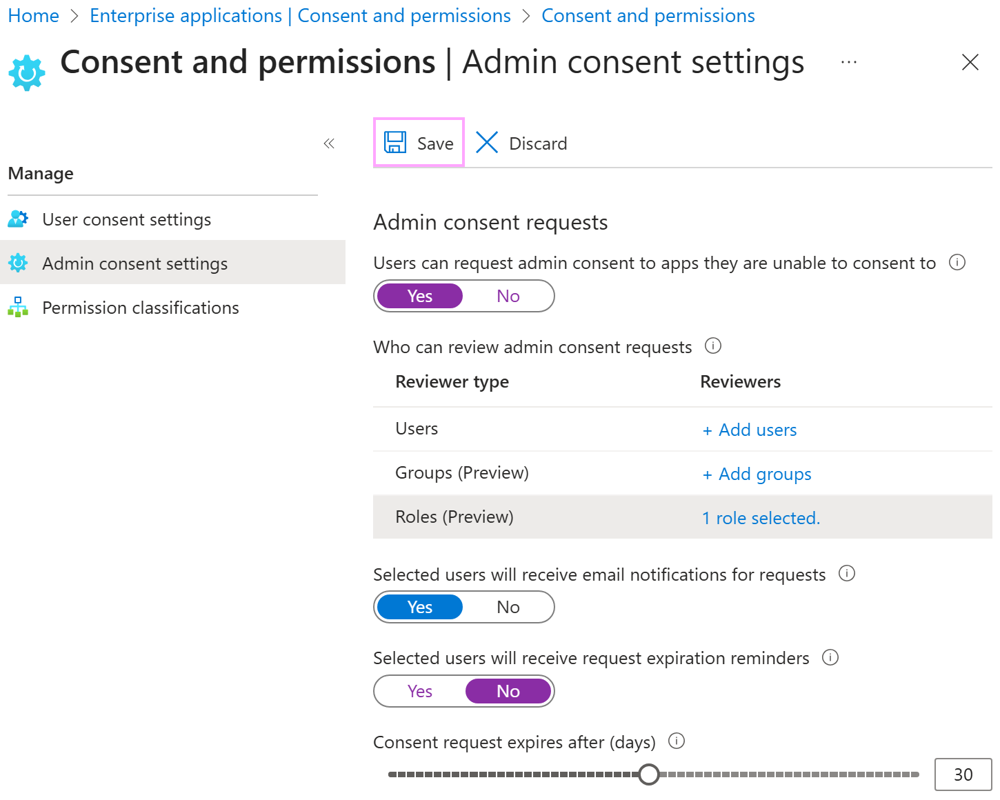 The Admin consent settings in the Microsoft Entra admin center