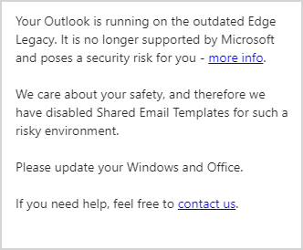 A warning that Outlook is running on the outdated Edge Legacy.