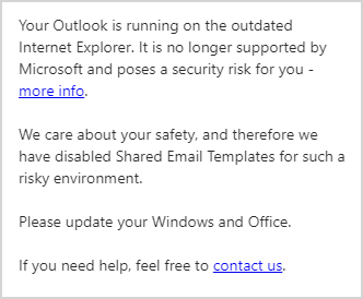 A warning that Outlook is running on the outdated Internet Explorer.