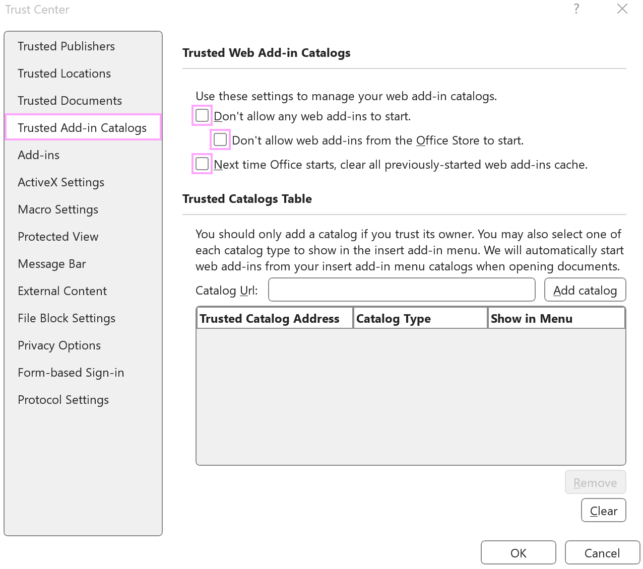 Checkboxes on the Trusted Add-in Catalogs tab.