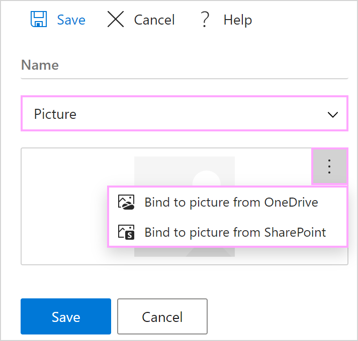 Bind a property to an image file from OneDrive or SharePoint. Bind a property to an image file from OneDrive or SharePoint.