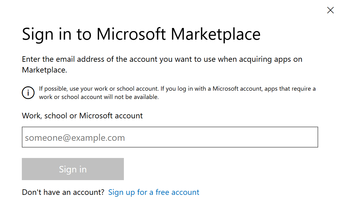 The Sign in to Microsoft Marketplace dialog