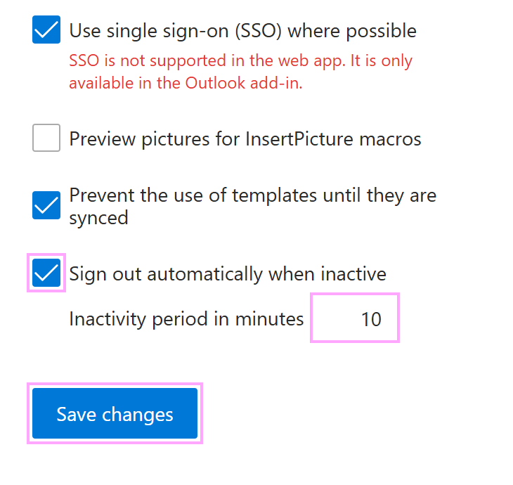 The Sign out automatically when inactive checkbox available to company account admins in the web app