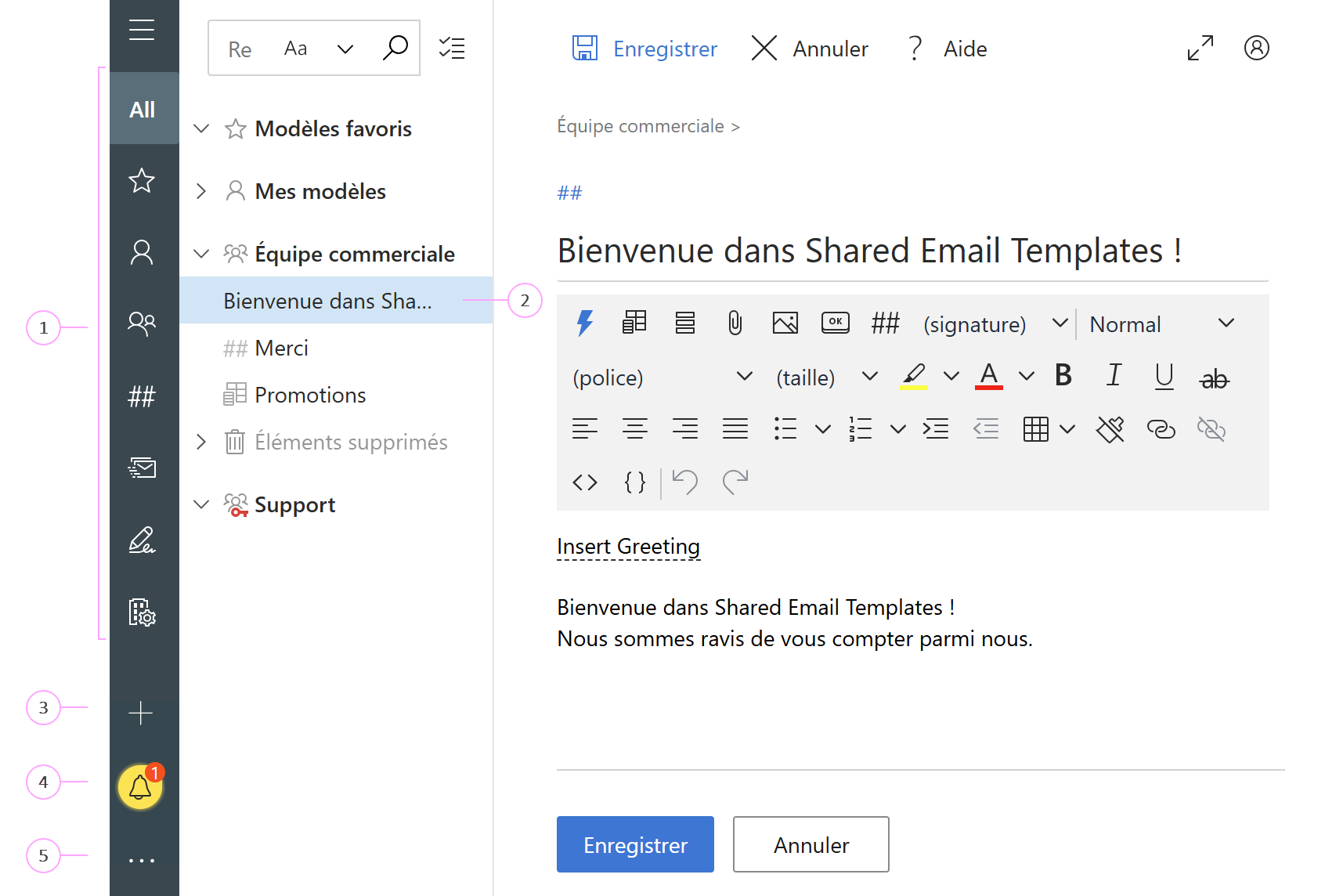 L’application Shared Email Templates dans un navigateur.