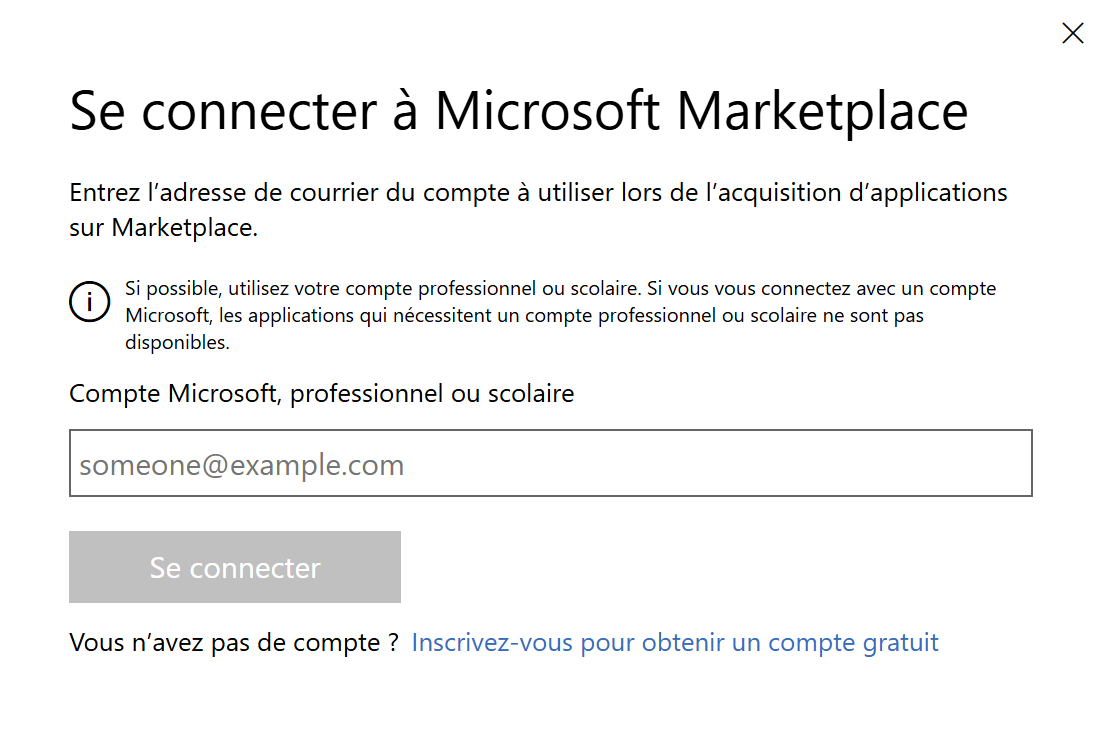 Se connecter à Microsoft Marketplace.