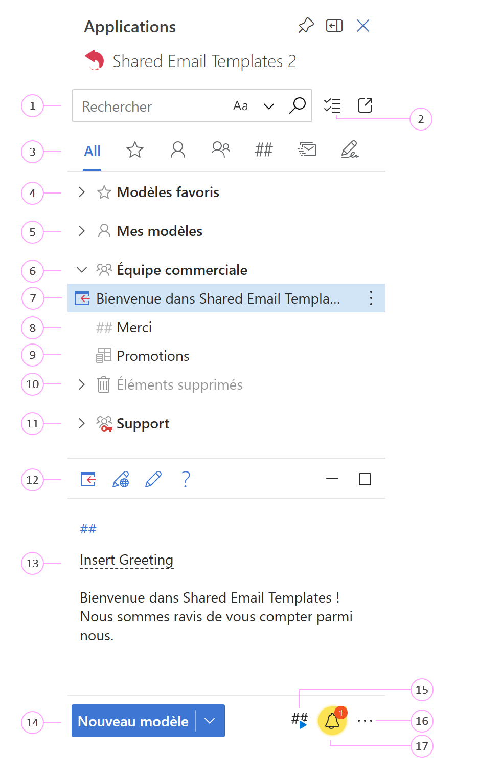 Le volet Shared Email Templates.