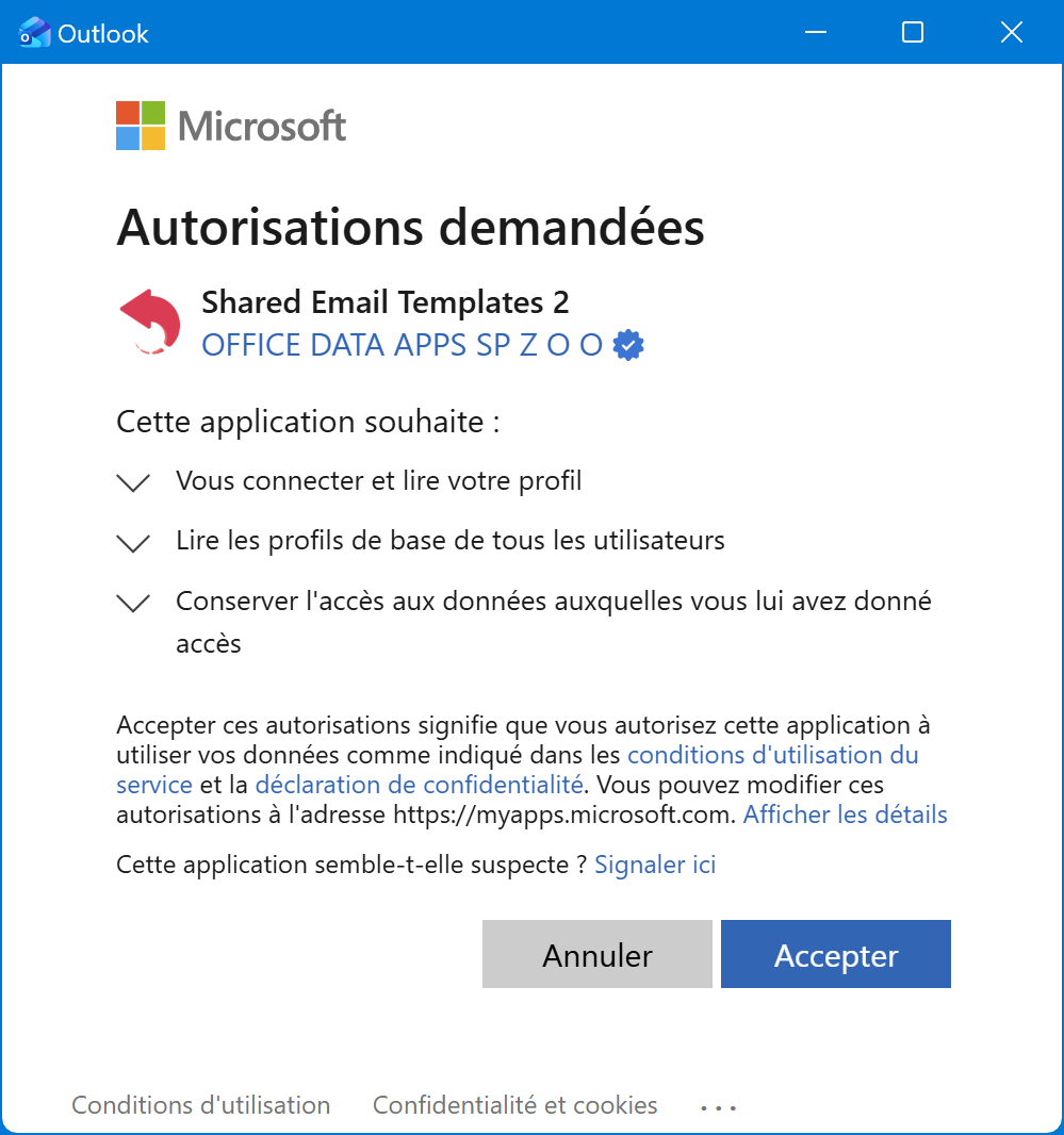 Acceptez les autorisations requises par Shared Email Templates.
