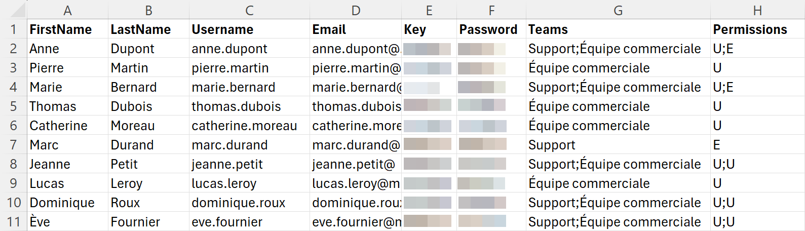 Exemple de liste d'utilisateurs dans un fichier Excel.