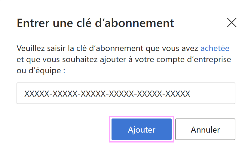 Saisir une clé d'abonnement pour le complément Shared Email Templates.