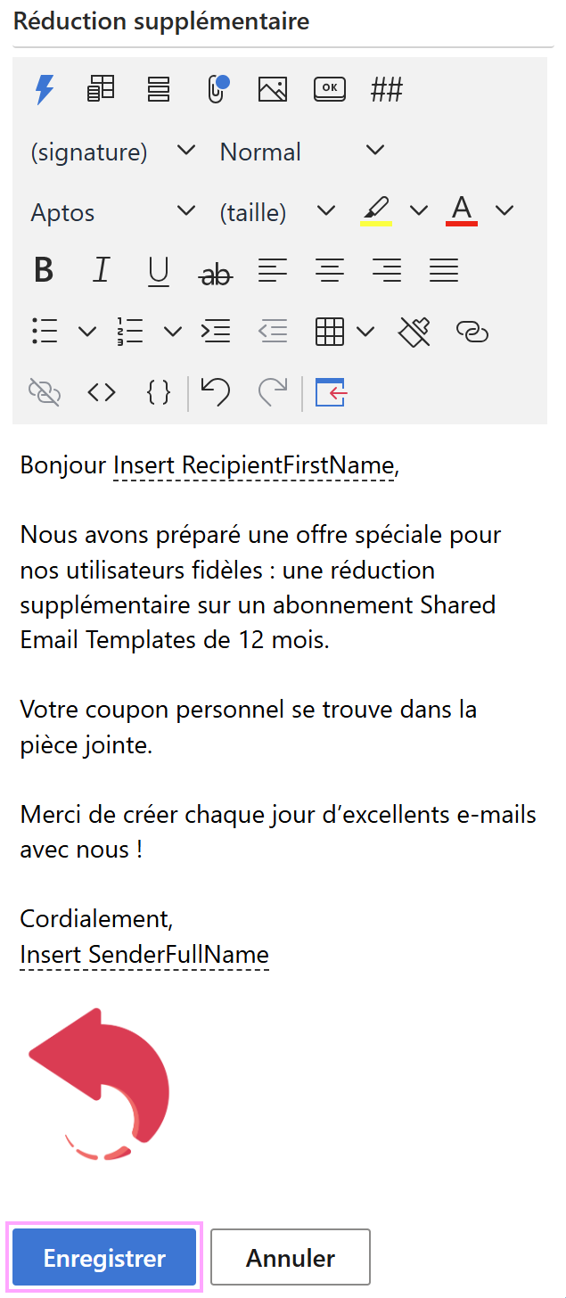 Enregistrer un modèle d’e-mail créé à partir d’un brouillon de message.