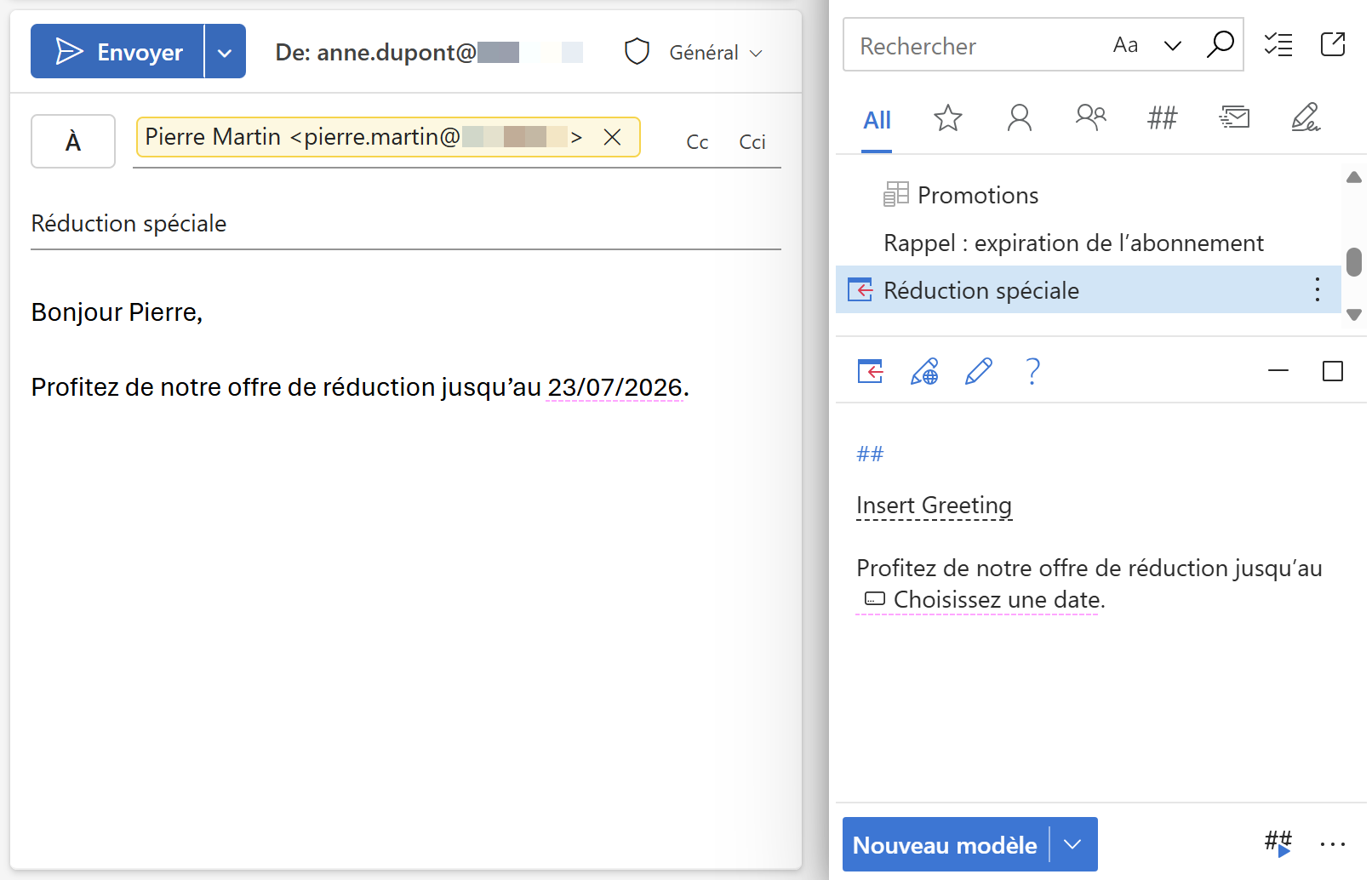 Un e-mail Outlook avec une date sélectionnée.