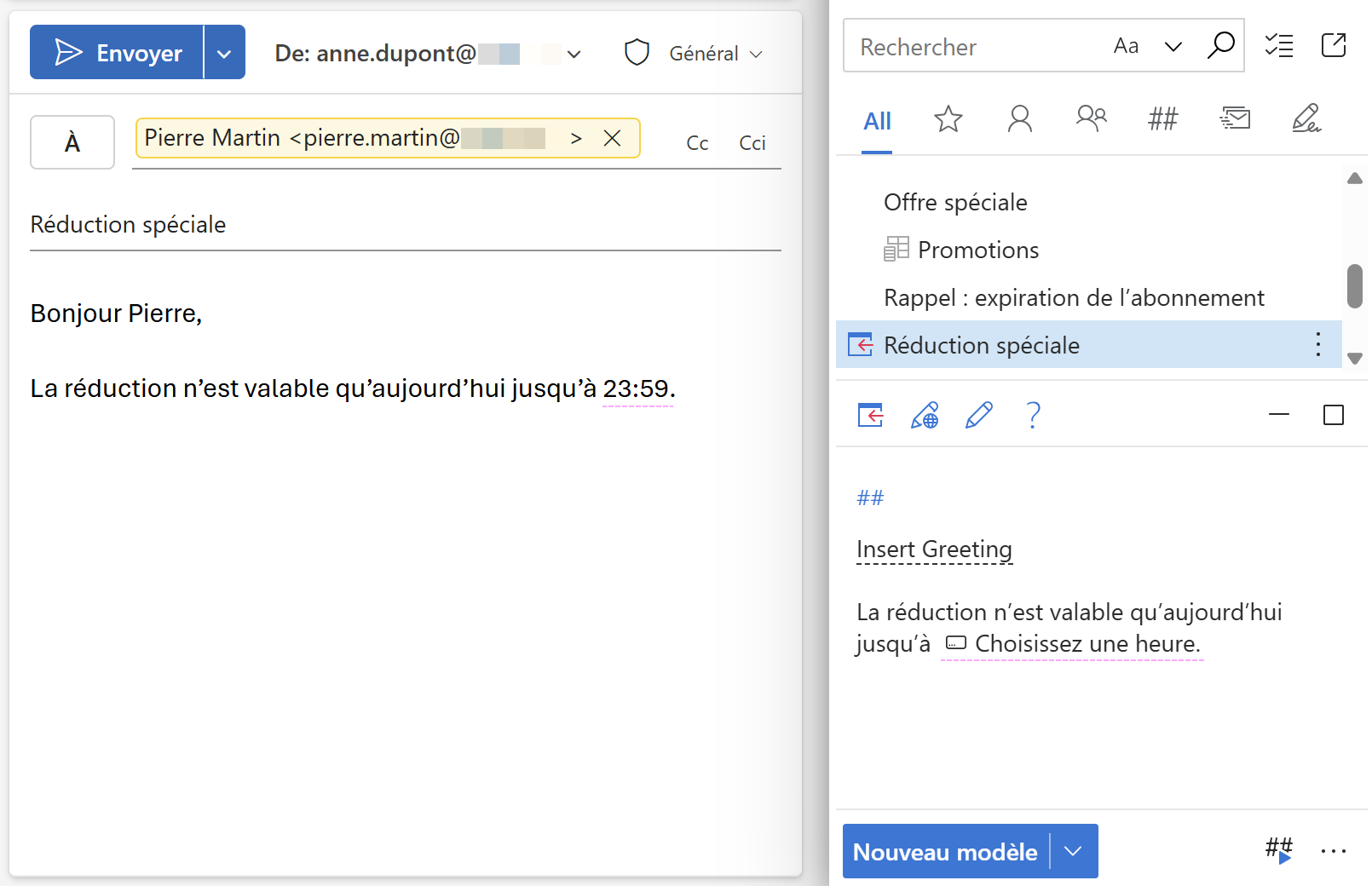 Un e-mail Outlook avec une heure sélectionnée.