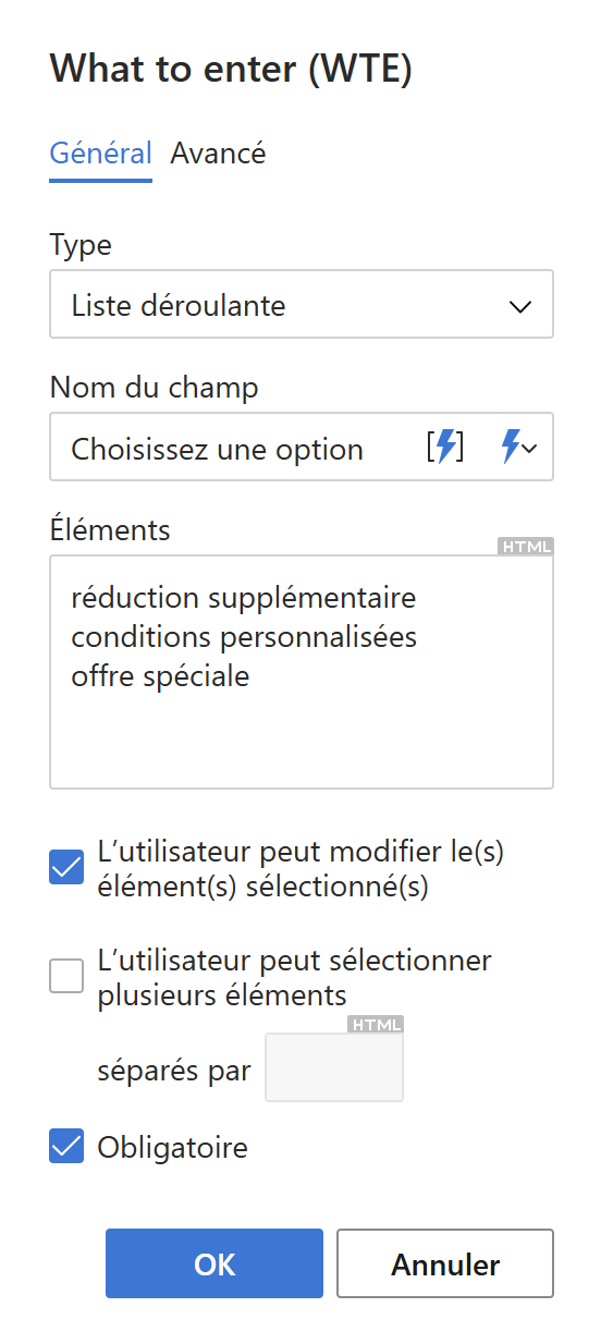 Ajouter une liste déroulante à un modèle d’e-mail.