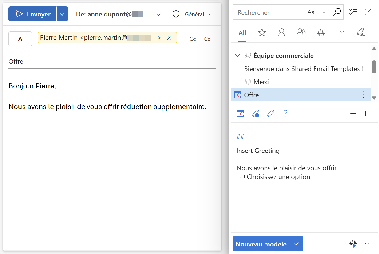 Un e-mail Outlook avec une option sélectionnée dans la liste déroulante.