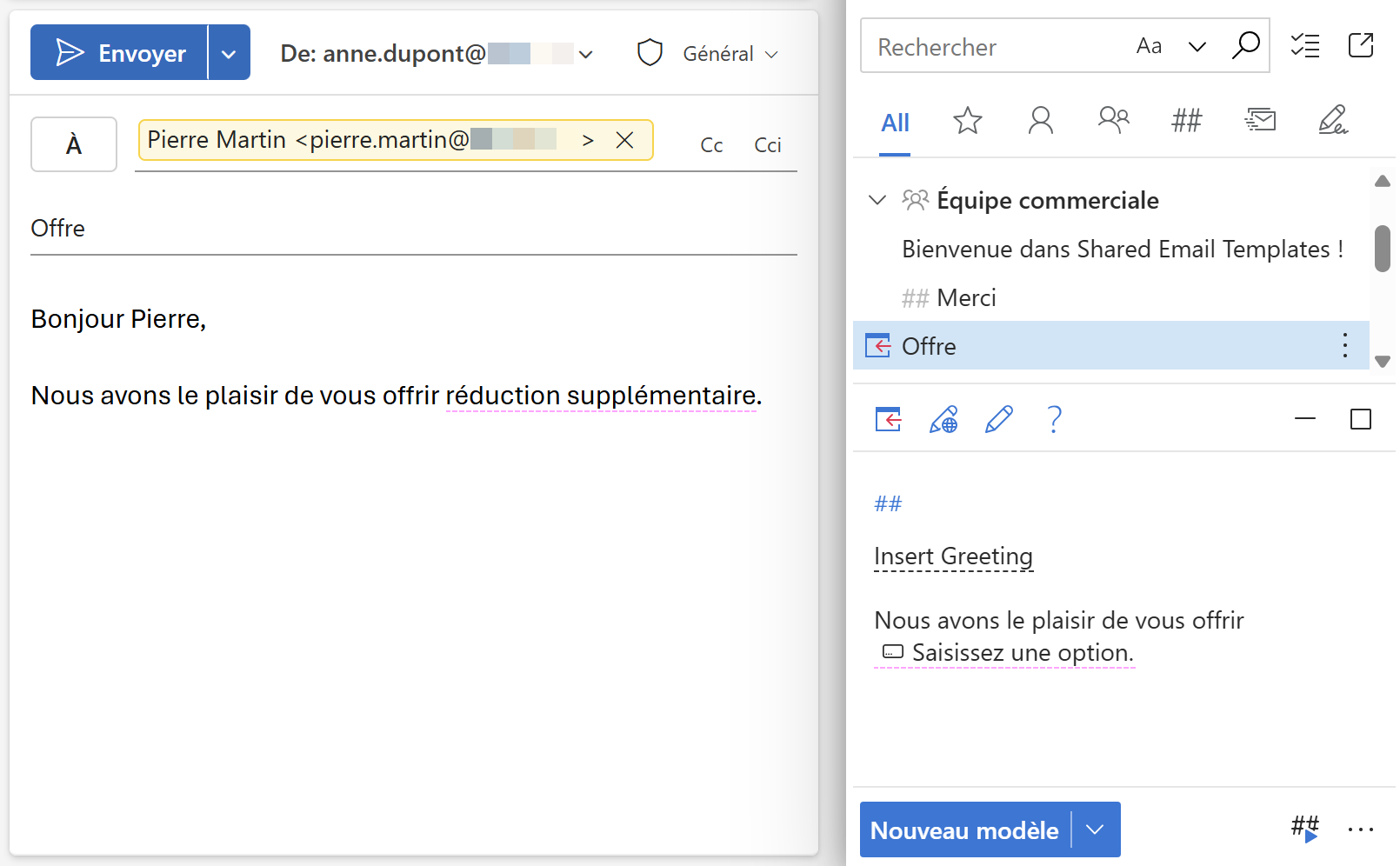 Un e-mail Outlook avec un champ de texte inséré.
