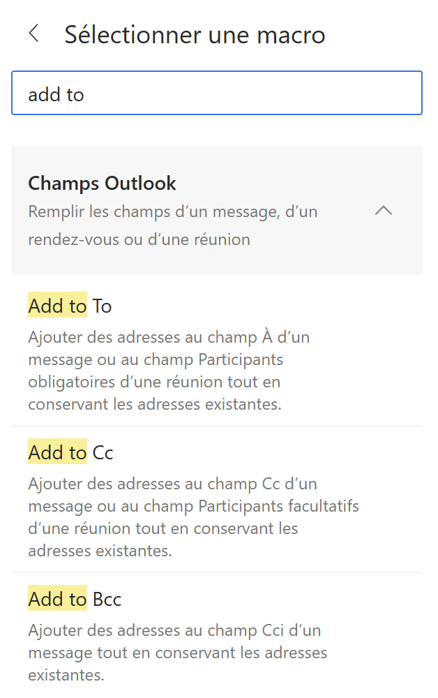 Renseigner automatiquement les champs À, Cc et Cci dans les e-mails Outlook.