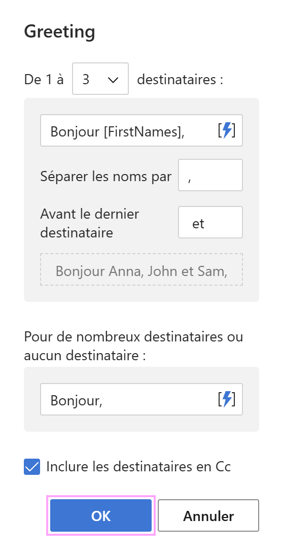 Personnaliser une salutation dans le complément Shared Email Templates.