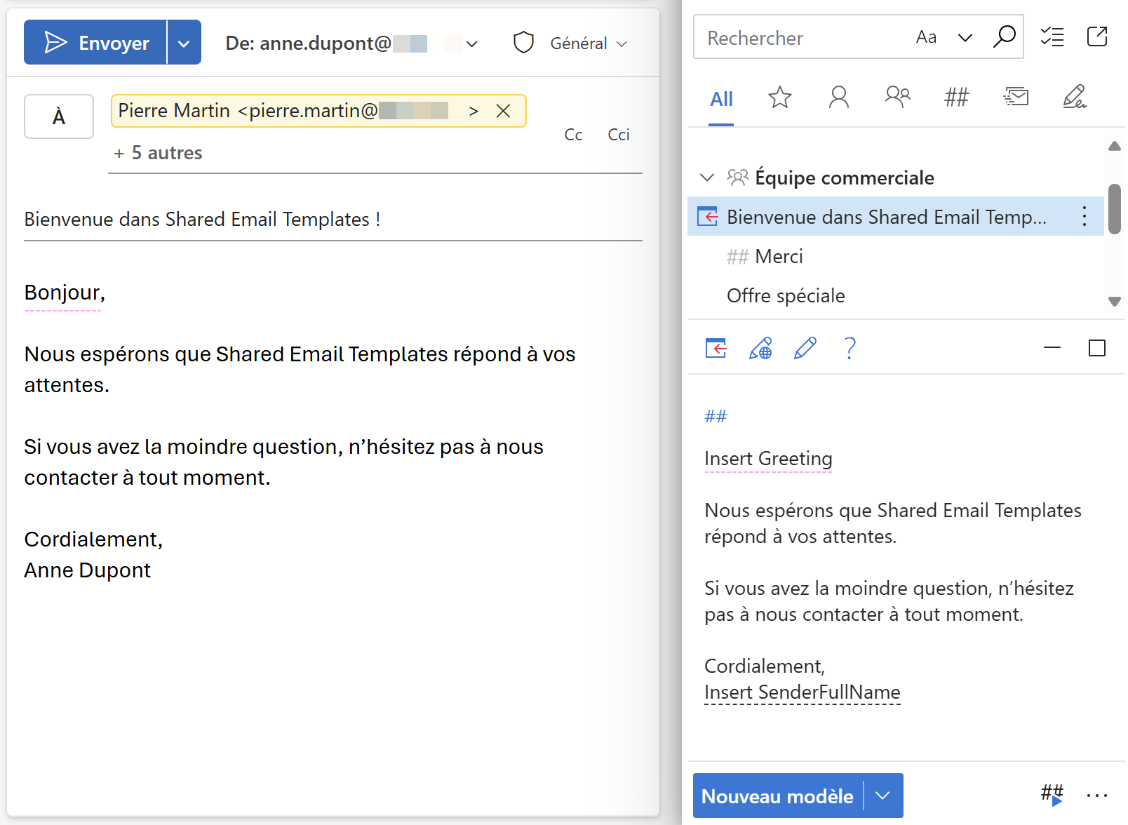 Insérer automatiquement une salutation pour plusieurs destinataires à l’aide d’un modèle d’e-mail Outlook.
