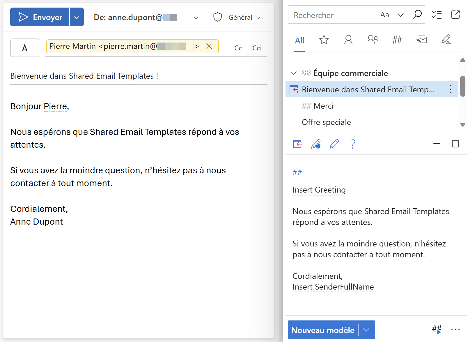 Insérer automatiquement une salutation pour un seul destinataire à l’aide d’un modèle d’e-mail Outlook.