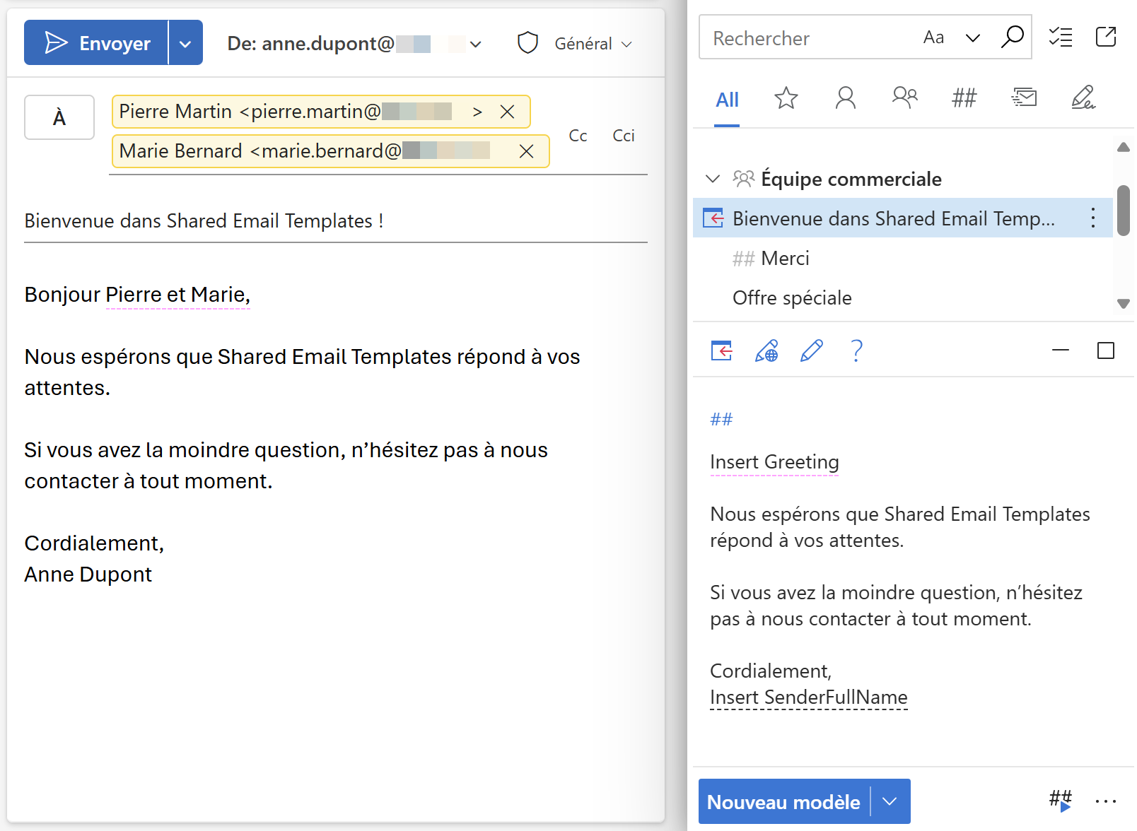 Insérer automatiquement une salutation pour deux destinataires à l’aide d’un modèle d’e-mail Outlook.