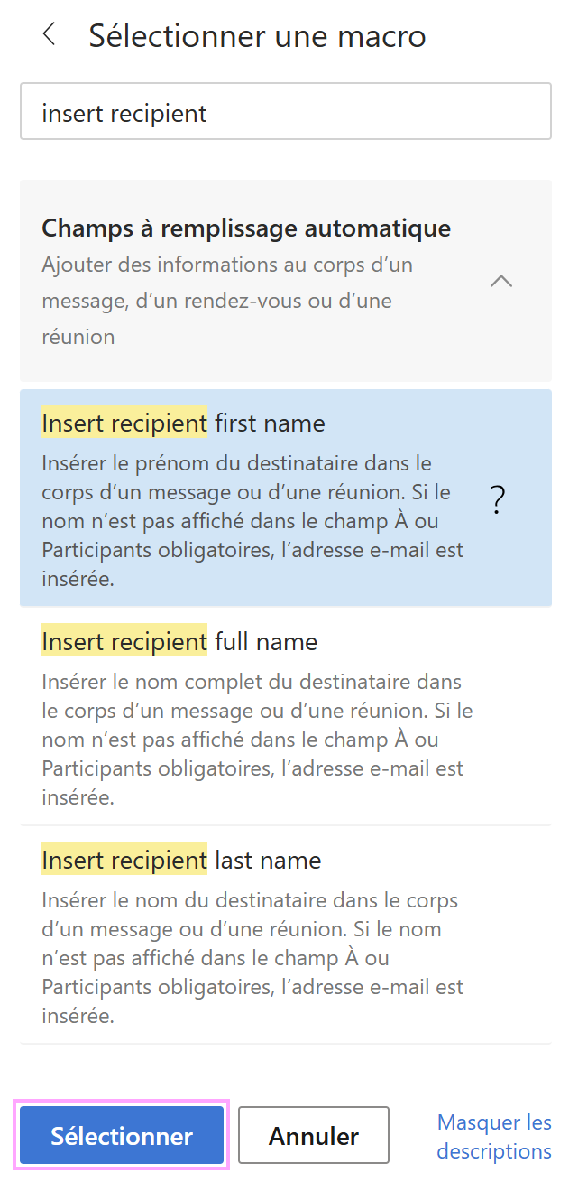 Insérer le nom du destinataire dans un modèle d’e-mail.