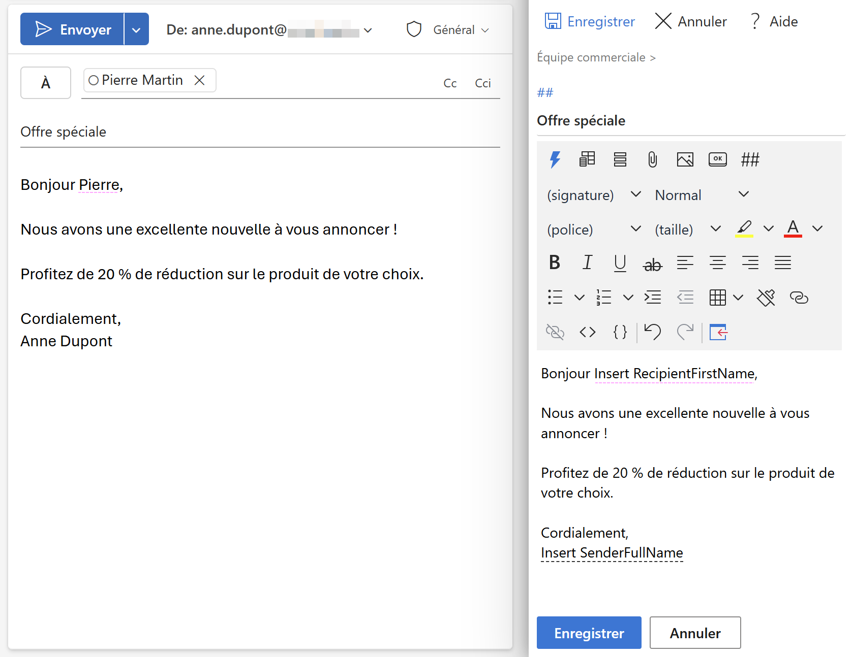 Insérer le prénom du destinataire dans une salutation d’un e-mail Outlook.